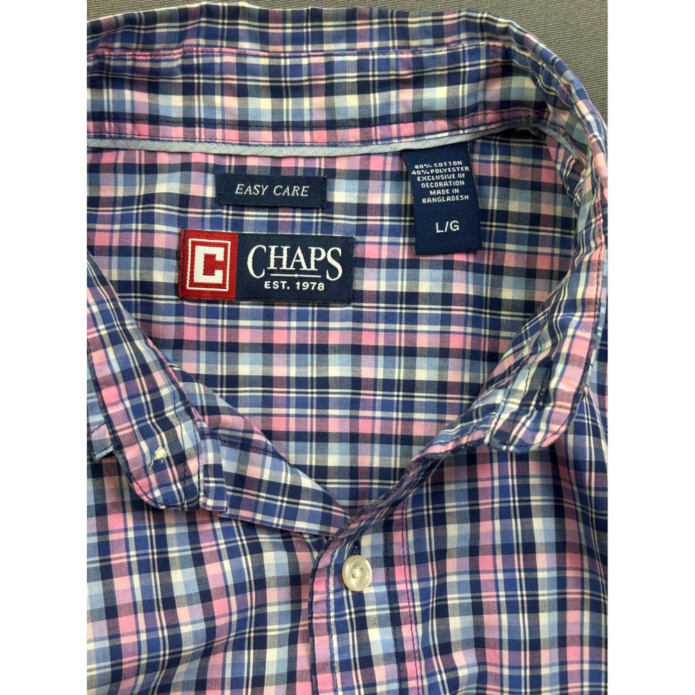 Chaps Men's Blue Pink Plaid Easy Care Long Sleeve Button Down Shirt size L Large